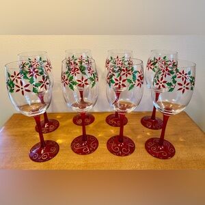 Set of 8 Pier 1 Poinsettia hand-blown wine glasses.